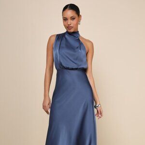 Lulus Distinctive Charm Slate Blue Satin Asymmetrical Maxi Dress - Size XS